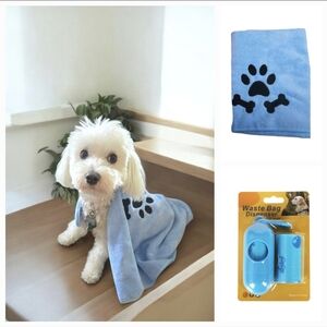 Pets Accessories, Blue Towel, and Two Dog Waste Bag with Dispenser